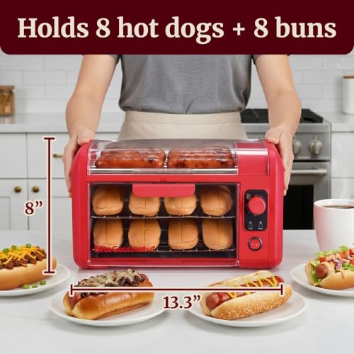 Elite Gourmet 8 Hot Dog Roller & Toaster Oven with Auto Shut-Off, Red