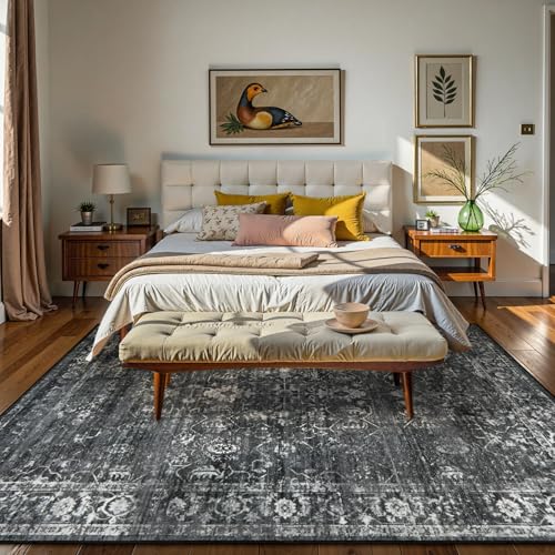 Lahome 6' x 9' Washable Black & Grey Vintage Distressed Area Rug for Bedroom & Living Room