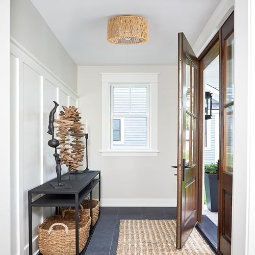 Gold 3-Light Rattan Ceiling Light Fixture Boho Woven Flush Mount for Bedroom Living Room