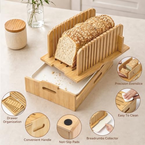 Bamboo Bread Slicer with Adjustable Guides and Crumb Tray – Wooden Loaf Cutter