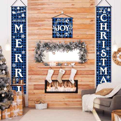 Tatuo 3 Piece Merry Christmas Porch Signs Christmas Buffalo Plaid Porch Banner Xmas Party Front Door Sign for Holiday Home Indoor Outdoor Xmas Party Favor(Blue and Black)