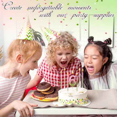 MTLEE Number 6 Pink and Green Birthday Candle with 6 Pcs Spiral Candles 5.12 Inch Pastel Cake Topper for Girls Witch Theme Party Decoration