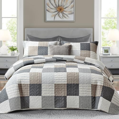 Finlonte Queen Size Cotton Quilt Set 90x98 Reversible Farmhouse Bedding Gray