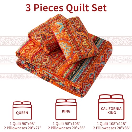 California King Size Quilted Bedding Set with Striped Red-Orange Design - 100% Cotton Face