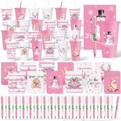 Feifeiya 72 Pcs Pink Christmas Cups Gift Set with Lids & Straws, 24 Notebooks & Pens, Snowmen & Stars