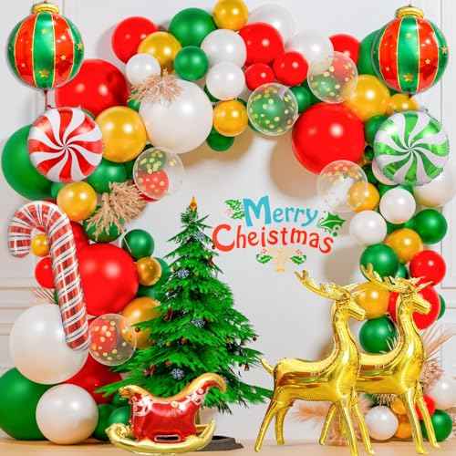 130Pcs Christmas Balloon Garland Arch Kit, With Gold Red Green White Balloons Candy Balloon Sequin Balloons Moose Sleigh Balloon for Christmas Party Decorations Supplies (23"Set)