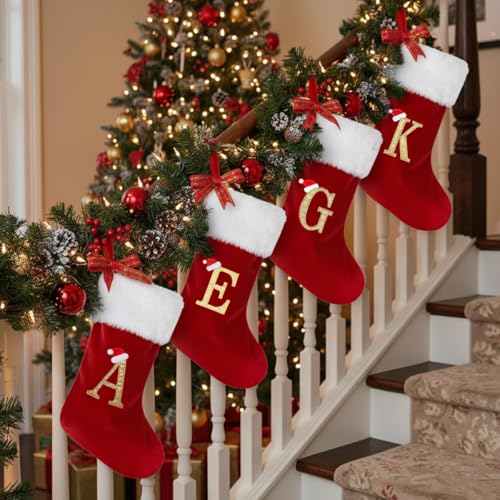 Christmas Stockings with Initials - 20 Inch Velvet Monogram Xmas Stocking, Red / Letter R