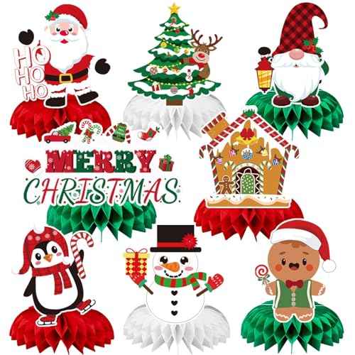 JULMELON Christmas Table Decorations Honeycomb Centerpieces,8 PCS 3D Double Side Xmas Holidays Table Centerpieces Cute Santa Snowman Table Toppers Decor for Christmas Party Supplies