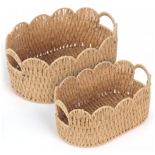 Neutral Endymion Set of 2 Paper Rope Wicker Storage Baskets - Scalloped Design
