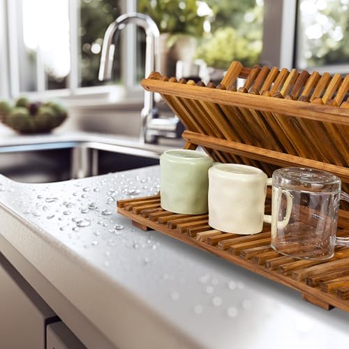 Utoplike 3-Tier Collapsible Teak Dish Drying Rack Large Capacity - Standard
