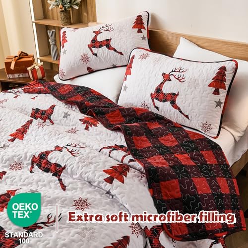 Dinjoy Christmas Quilt Set King Size Red Deer Plaid 3-Piece