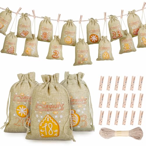 GWHOLE 24Pcs Empty Advent Calendar Bags to Fill Yourself, 24 Days Countdown to Christmas Burlap Bags with Drawstring, DIY Advent Calendar for Christmas Home Party Xmas Decorations