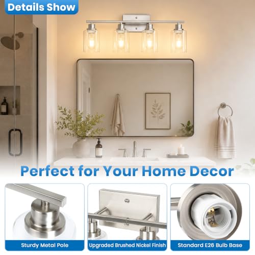 Brushed Nickel 4-Light Bathroom Vanity Light Fixture with Clear Glass Shades - Reversible Mounting