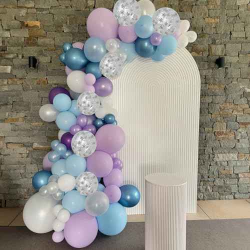 Winter Snowflake Balloons, 60 Packs 12 Inch Metallic Purple Blue White Silver Balloon with Confetti Balloon for Birthday Party Baby Shower Christmas Winter Wonderland Party Decoration