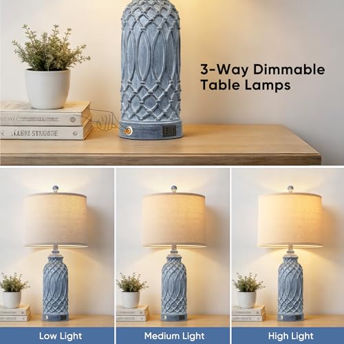 Blue Resin Table Lamp with Touch Dimming & USB Ports - 26.5''