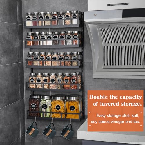 Wall Mount Spice Rack Organizer - 5 Tier Height-Adjustable, Black, 4.6" Depth - Dual-Use Shelf with Hooks