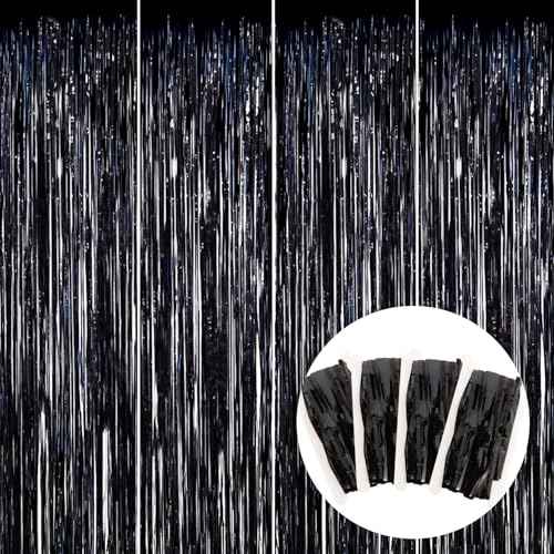 BEISHIDA 4 Pcs Black Door Streamers Tinsel Curtain Party Streamers Backdrop Fringe Foil Wall Background for Birthday Halloween Christmas Wedding Party Decoration(3.28 ft x 6.56 ft)
