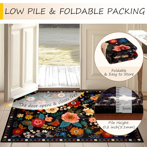 RELEANY Black Floral Washable 6x9 Area Rug - Non-Slip Boho Living Room Carpet