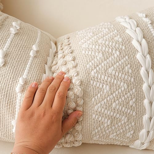 Boho Lumbar Throw Pillow Cover 14x36 Cream White - Handmade Accent Cushion