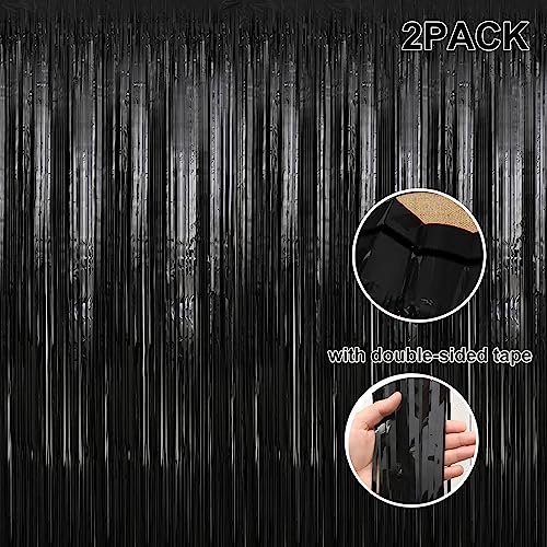 2 Pack 3.28 ft x 6.56 ft Black Tinsel Curtain Party Backdrop Decorations, Metallic Foil Fringe Backdrop Door for Halloween, Christmas, Birthday Graduation Wedding Party Streamers Photo Backdrop.