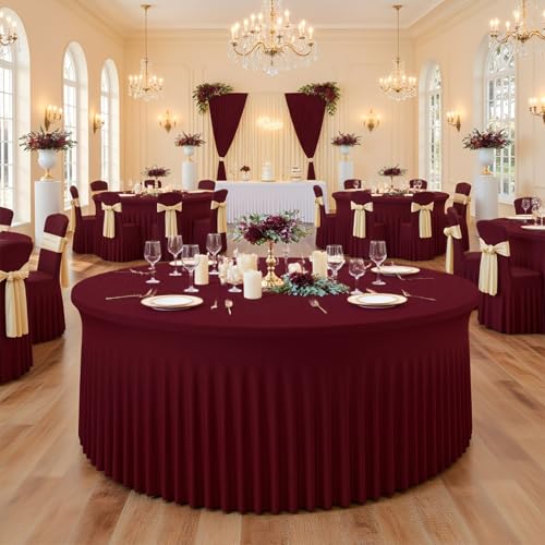 4 Pack Burgundy Round Tablecloth with Skirt, 60 Inch Elastic Fitted