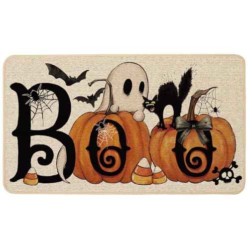 Baccessor Halloween Pumpkins Welcome Doormat 17x29 Inch, Boo Ghost Black Cat Decorative Front Door Mat Non Slip Rubber Backing Fall Seasonal Entryway Floor Decoration