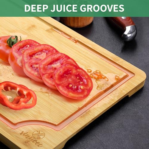 Bamboo Cutting Board Set for Kitchen - Chopping Board Set of 3 with Groove and Cutting Board Rack, Ideal for Bamboo Chopping Board Set for Chopping Meat, Vegetables, Fruits, Cheese