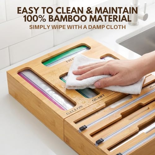 9-in-1 Bamboo Drawer Organizer for Food Wraps & Storage Bags with Cutter