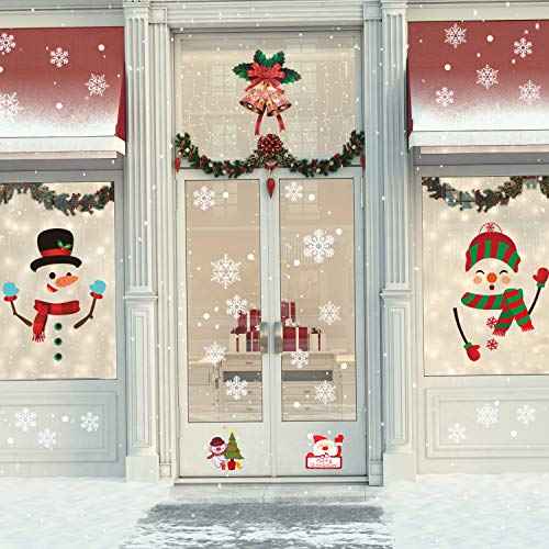 Whaline 64Pcs Christmas Stickers for Refrigerator,Window and Wall,Snowman Snowflakes Christmas Window Clings Decal Stickers,Holiday Xmas Decorations for Fridge, Door, Garage, Office Cabinets(4 Sheets)