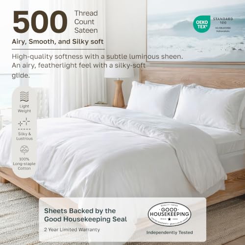 Queen Bed Sheets Set - White 4-Piece 100% Cotton Sateen, Deep Pockets