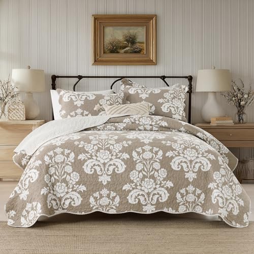 Queen Reversible Cotton Quilt Set Farmhouse Tan Taupe 90x98 Bedding