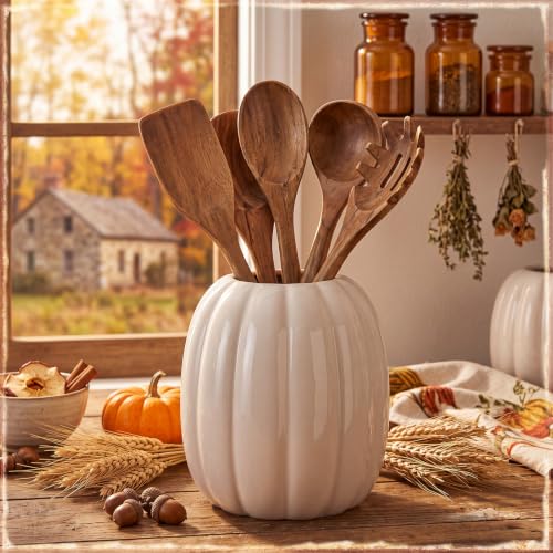 Minimalist White Ceramic Pumpkin Vase - 6.7 Inch Fall Decor, Utensil Holder