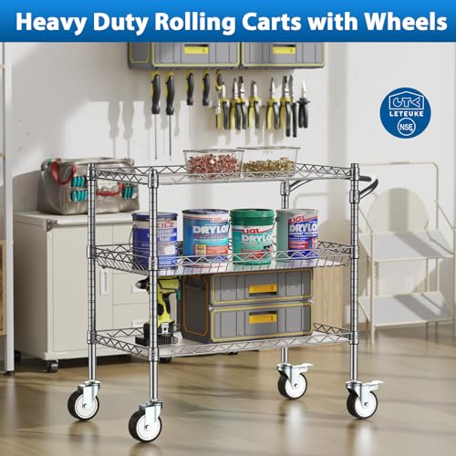 Leteuke Matte Chrome 3-Tier Heavy Duty Rolling Utility Cart with Wheels
