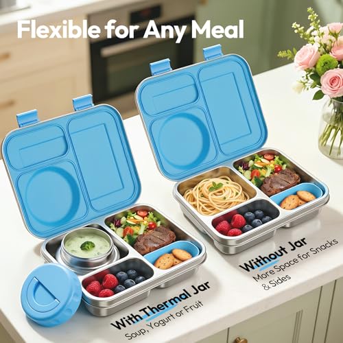 Stainless Steel Bento Lunch Box with 8oz Insulated Food Jar - Blue - 3 Compartments, Leak-Proof & BPA-Free for Kids & Adults