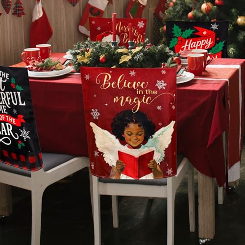 Whaline 6Pcs Christmas Chair Back Cover African American Black Santa