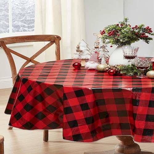 84x60 Inch Oval Christmas Buffalo Plaid Vinyl Tablecloth with Flannel Backing