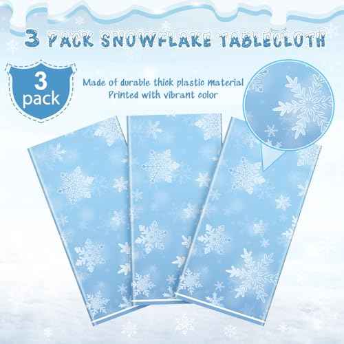3 Pack Winter Snowflake Plastic Tablecloth Decorations, Light Blue Snowflake Winter Wonderland Disposable Table Cover for Christmas Holiday New Year Party Supplies Decorations, 54 x 108 Inch