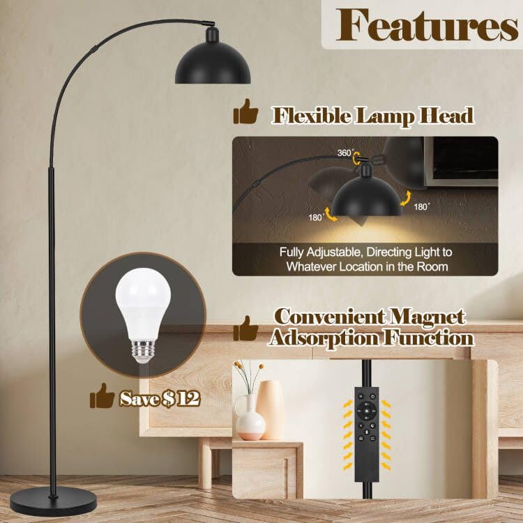 VenzBlomia Black Dimmable Arc Floor Lamp with Remote Control & 2700-6000K LED Bulb