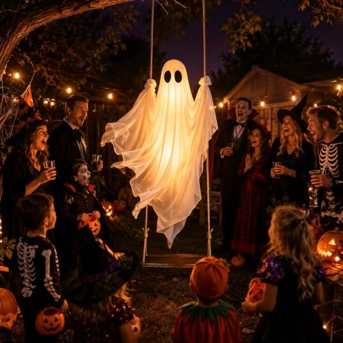 BAICIWE Outdoor Halloween Hanging Ghost Decor 4-8FT, White Remote Light
