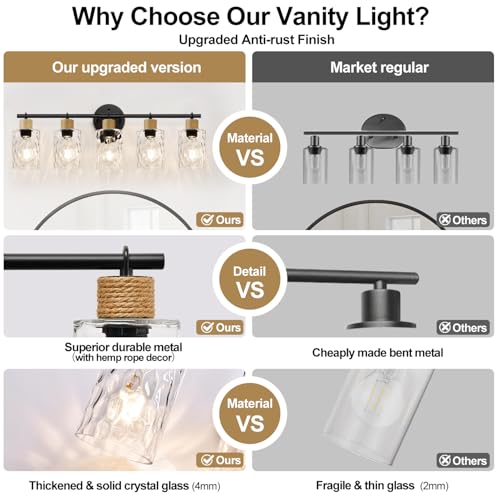 MOKATNG Matte Black 5-Light Coastal Vanity Light with Crystal Glass Shades