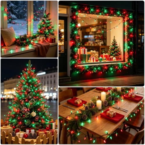 Watereem 2-Pack Battery Operated Christmas LED String Lights 50LED 16ft Red & Green with 8 Modes
