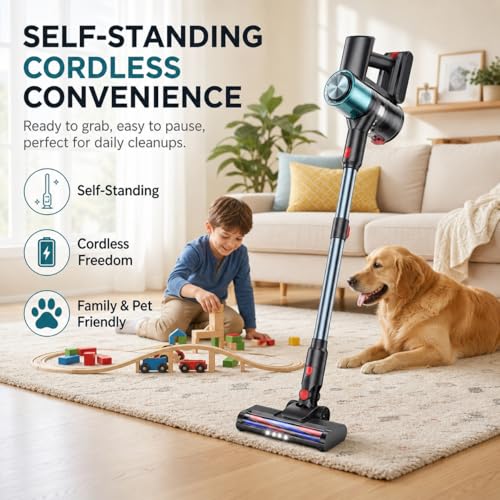 VACMOTOR Blue Cordless Stick Vacuum Cleaner for Pet Hair & Hardwood Floors, Self-Standing, Rechargeable with LED Display