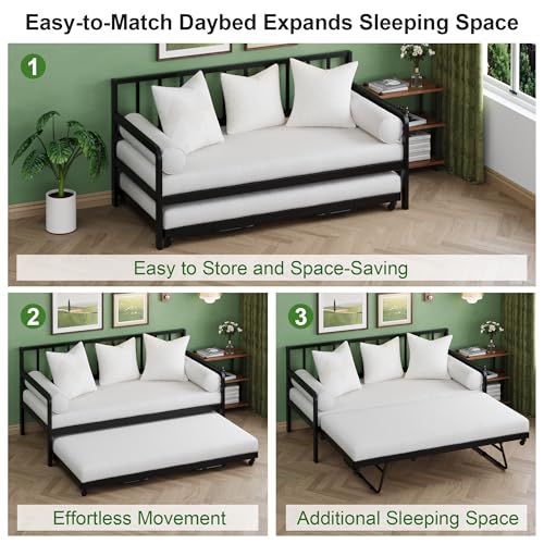 Twin Stand-Up Trundle Bed with Lockable Wheels - Black, Space-Saving