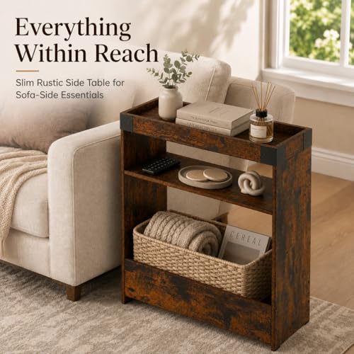 Rustic Brown Narrow Side Table with Tray Top - 8" Slim End Table