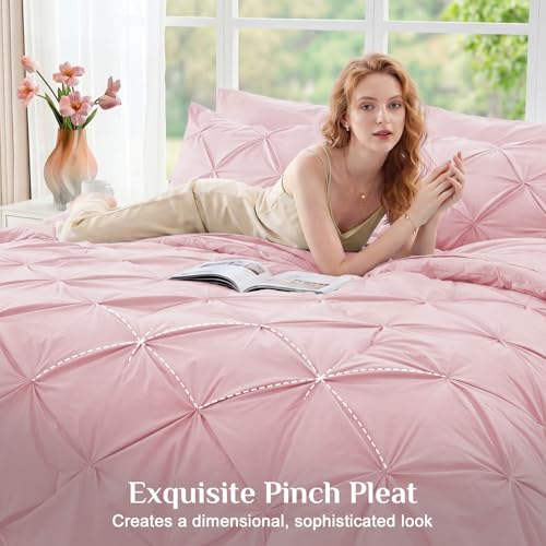 Queen Comforter Set 7 Pieces - Baby Pink Bed in a Bag with Pintuck Design