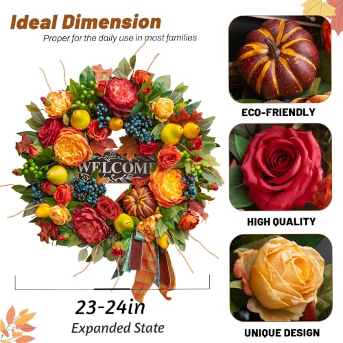 Autumn Wreath for Front Door 24 Inch Harvest Fall Decor - Orange, Red, Gold - Rustic Welcome Sign
