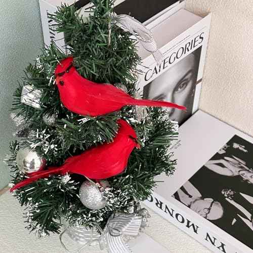 2pcs Red Cardinals Birds Decor Cover with Feather 5.5inch Clip on Artificial Bird Figurines for Crafts Decoration Christmas Tree Ornaments