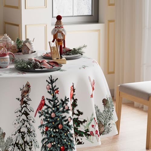 XCHI 70x70 Inch Round Winter Pine Tree Christmas Tablecloth - Washable Home Decor