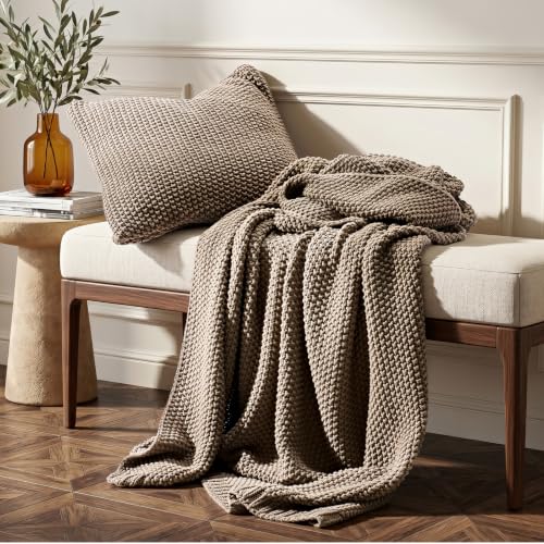 EverGrace Organic Cotton Chunky Knit Throw Blanket 50 x 60 Stone Taupe