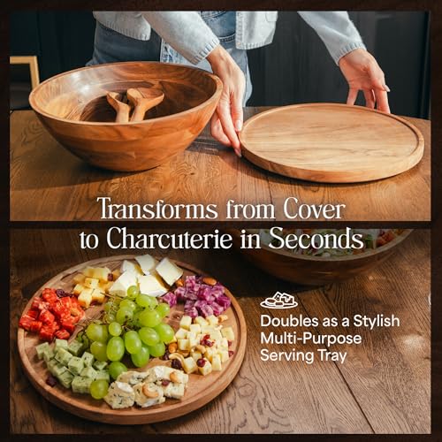 Natural 12.5 Inch Wooden Salad Bowl Set with Utensils, Lid, and Carry Strap